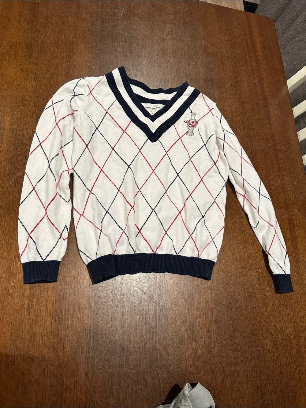 Liz Golf White Argyle V-Neck Sweater with Navy & Red Trim
